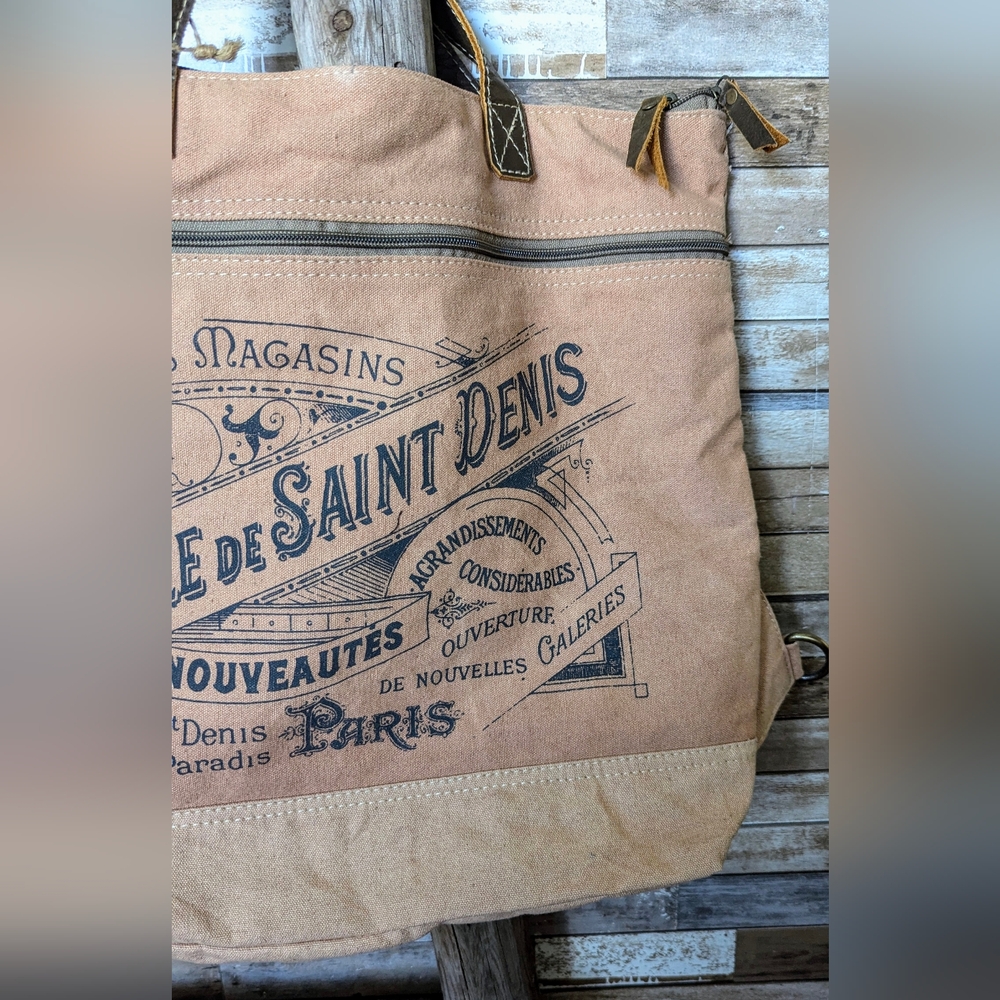 NWT Clea Ray Canvas Slip Strap Left Or Right Paris Bag With Leather Handles - Picture 5 of 14